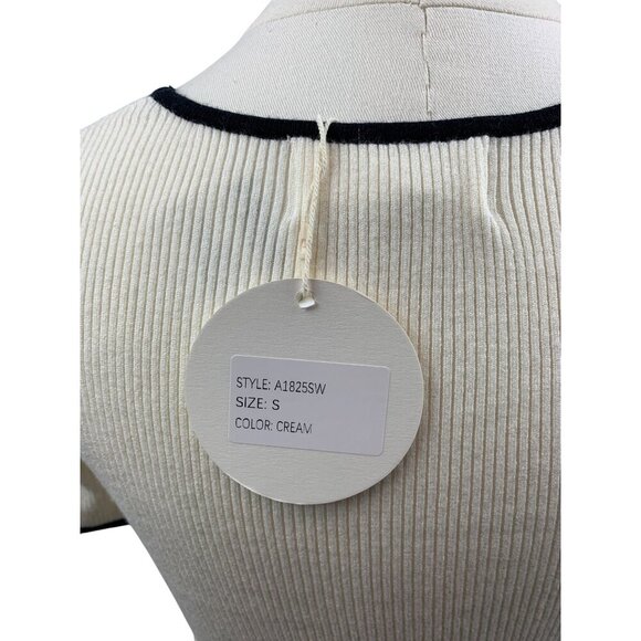 Luxe Ribbed Short Sleeve Contrast Trim Fitted Knit Top In Cream & Black - Picture 5 of 7